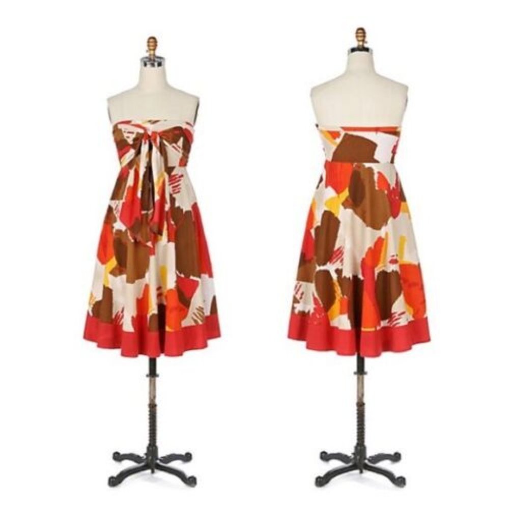ANTHROPOLOGIE VIOLA Watchtower Dress Tied Strapless Orange Brown Red sz 0 EUC